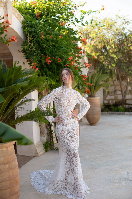 Milos Gown: Sheer Lace Sheath Dress