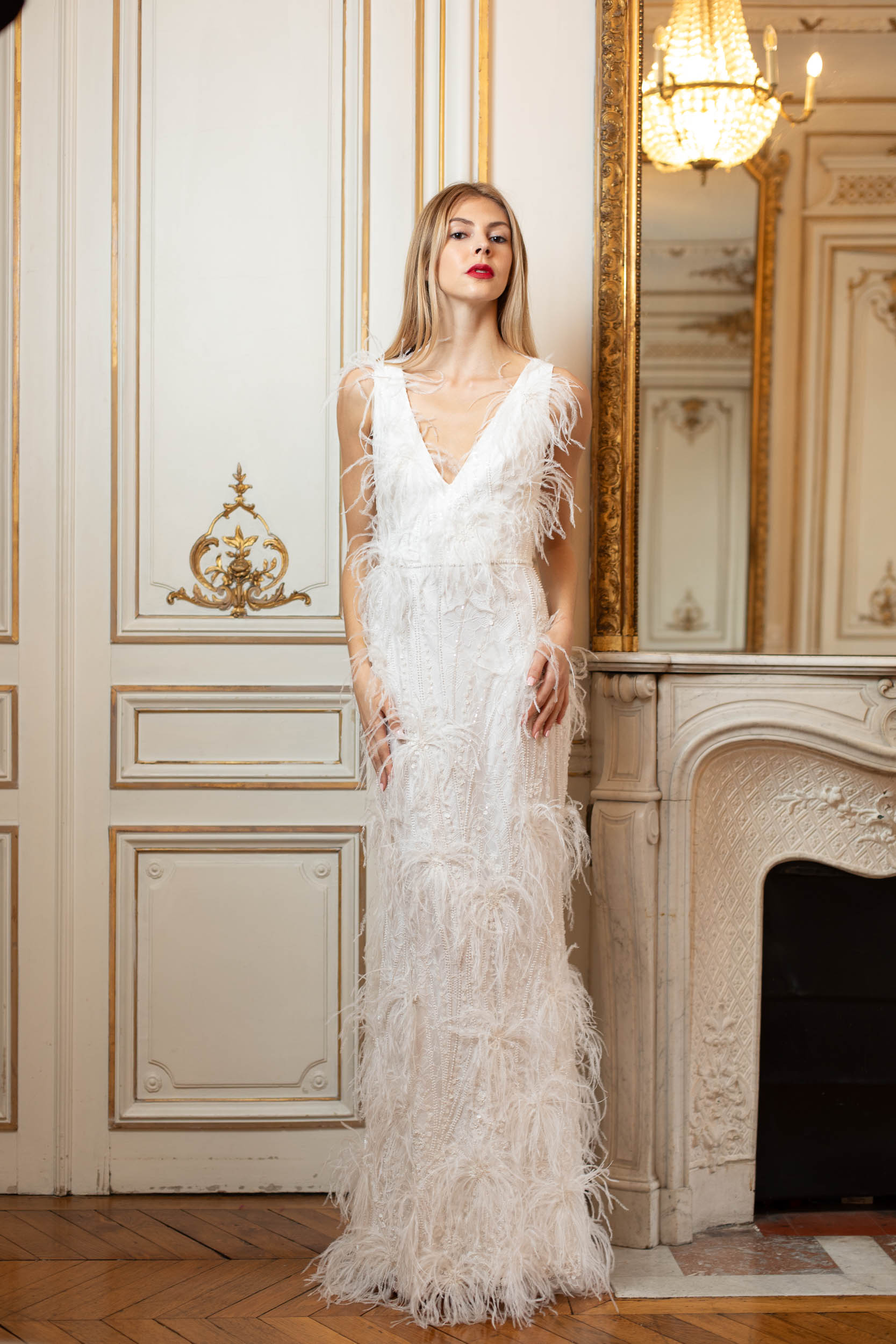 Ethereal Lace Sheath Wedding Dress with Pearls and Floating