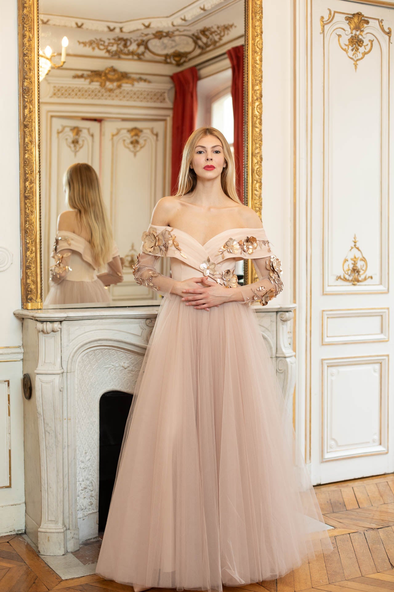 Beige Off-Shoulder Tulle Wedding Gown with Golden Floral Details From the Haussmannian Collection Liina Stein Beige Off-Shoulder Tulle Wedding Gown with Golden Floral Details From the Haussmannian Collection Liina Stein