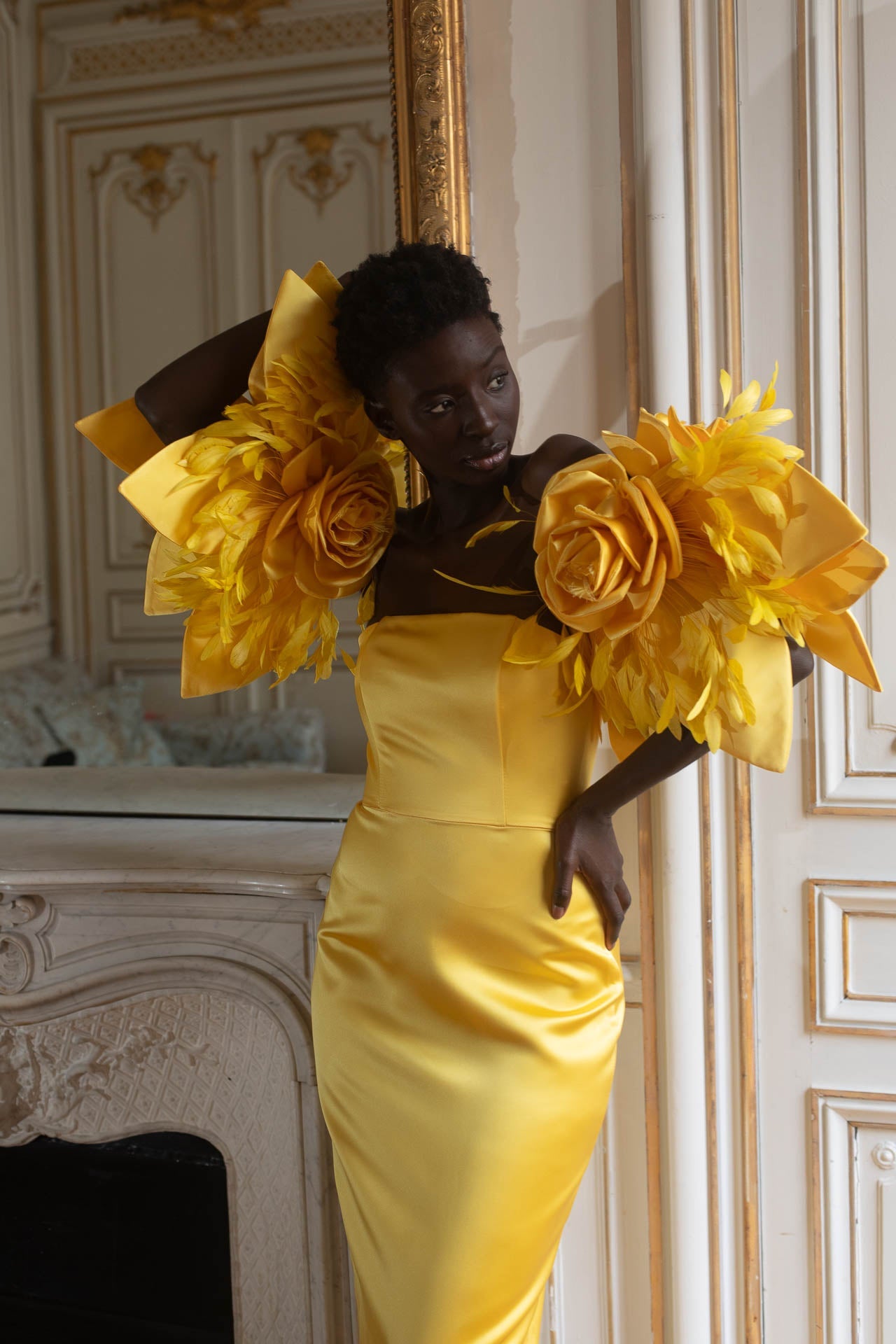 Yellow Silk Satin Corset Dress with Detachable Artistic Floral