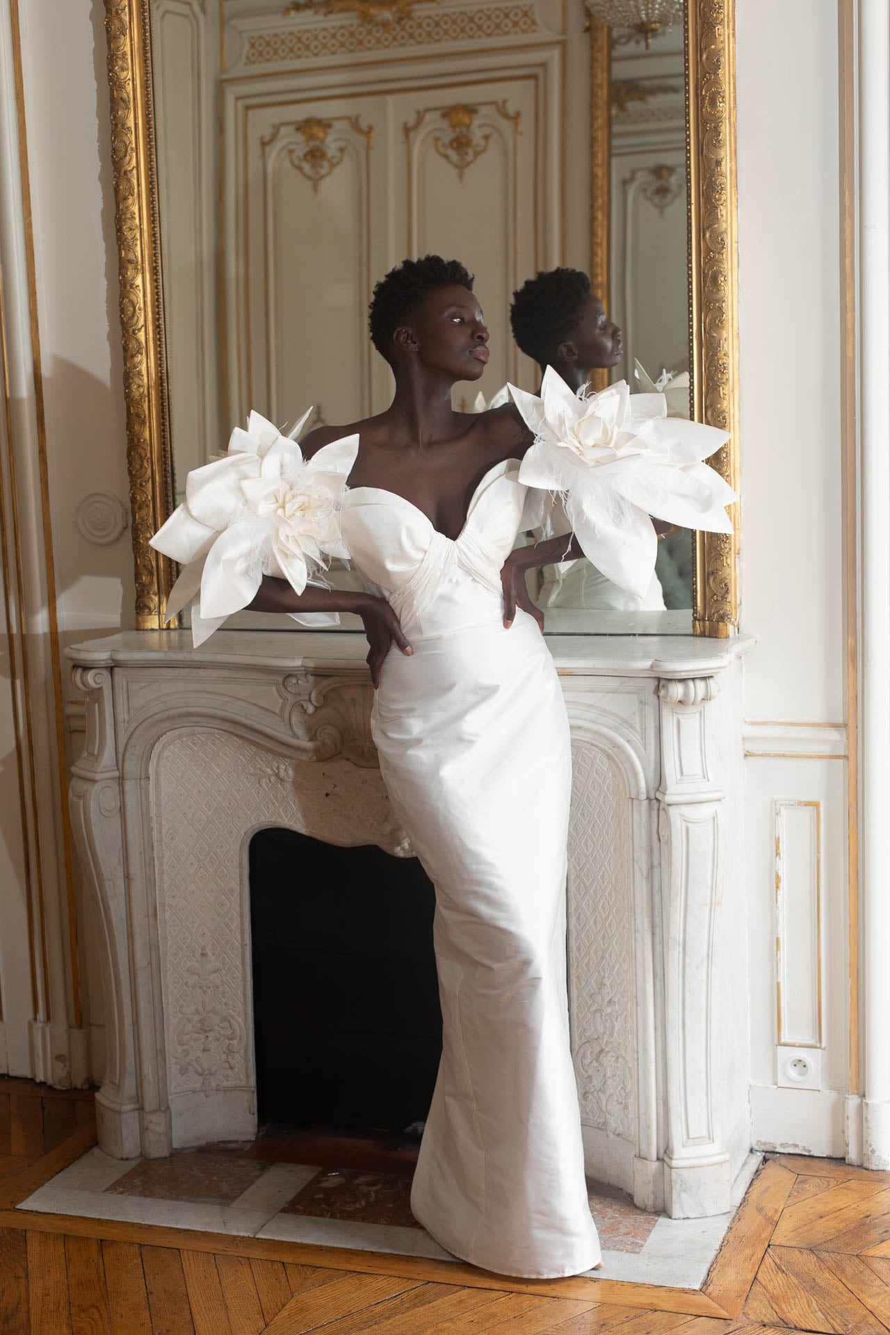 Modern Column Wedding Gown in Raw Silk with Removable Floral Details Liina Stein Modern Column Wedding Gown in Raw Silk with Removable Floral Details Liina Stein