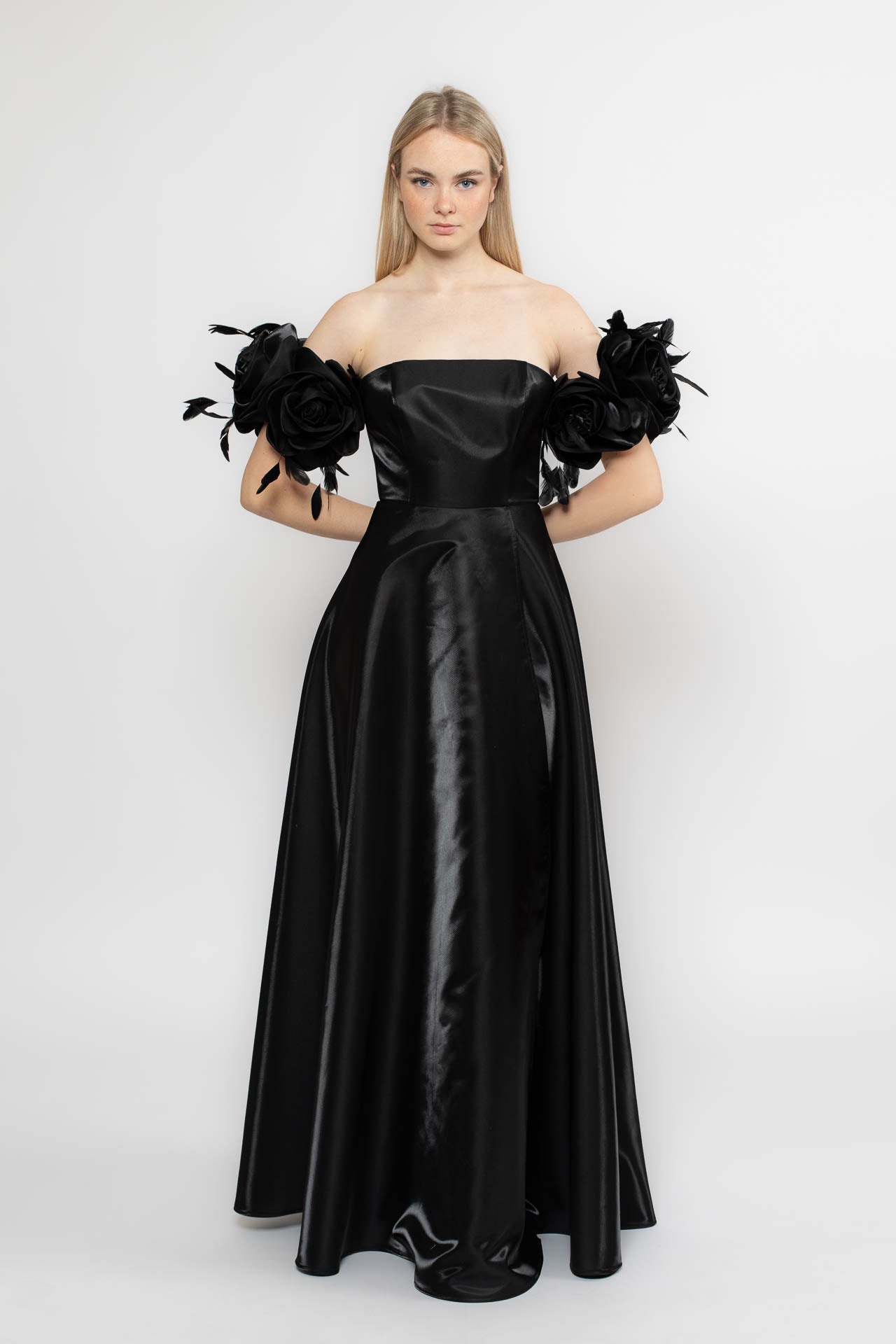 Elegant Black Evening Dress with Removable Handcrafted Floral Sleeves Liina Stein Elegant Black Evening Dress with Removable Handcrafted Floral Sleeves Liina Stein