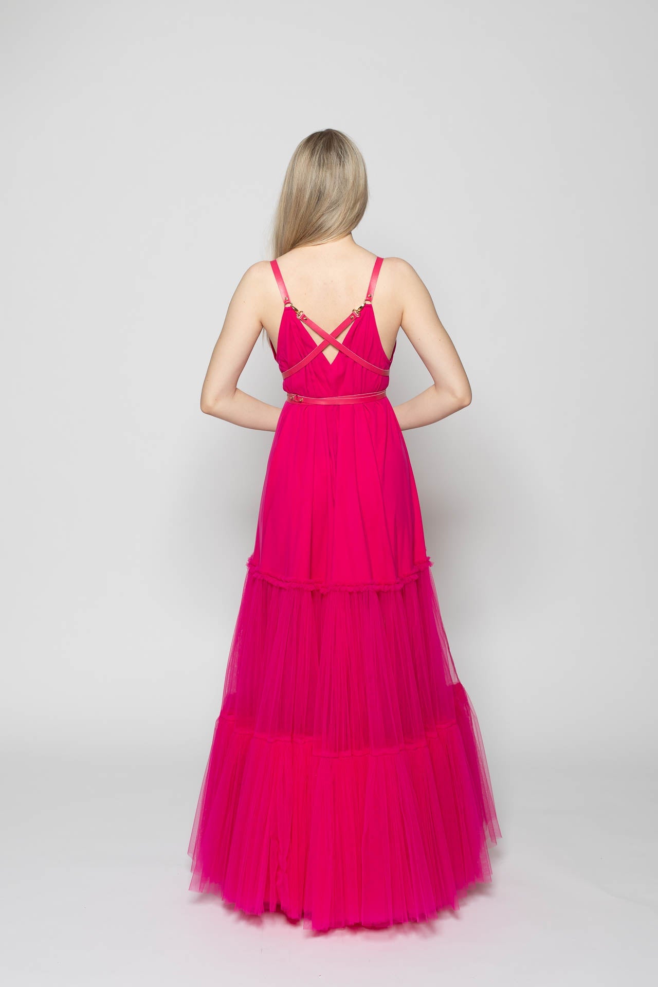 Pink Leather Strap Tulle Dress