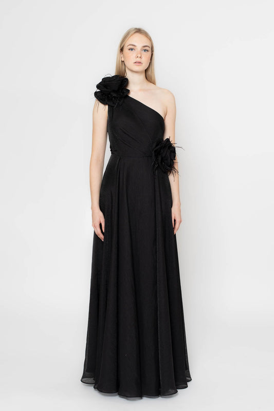 Asymmetrical Black Walking Flower Gown