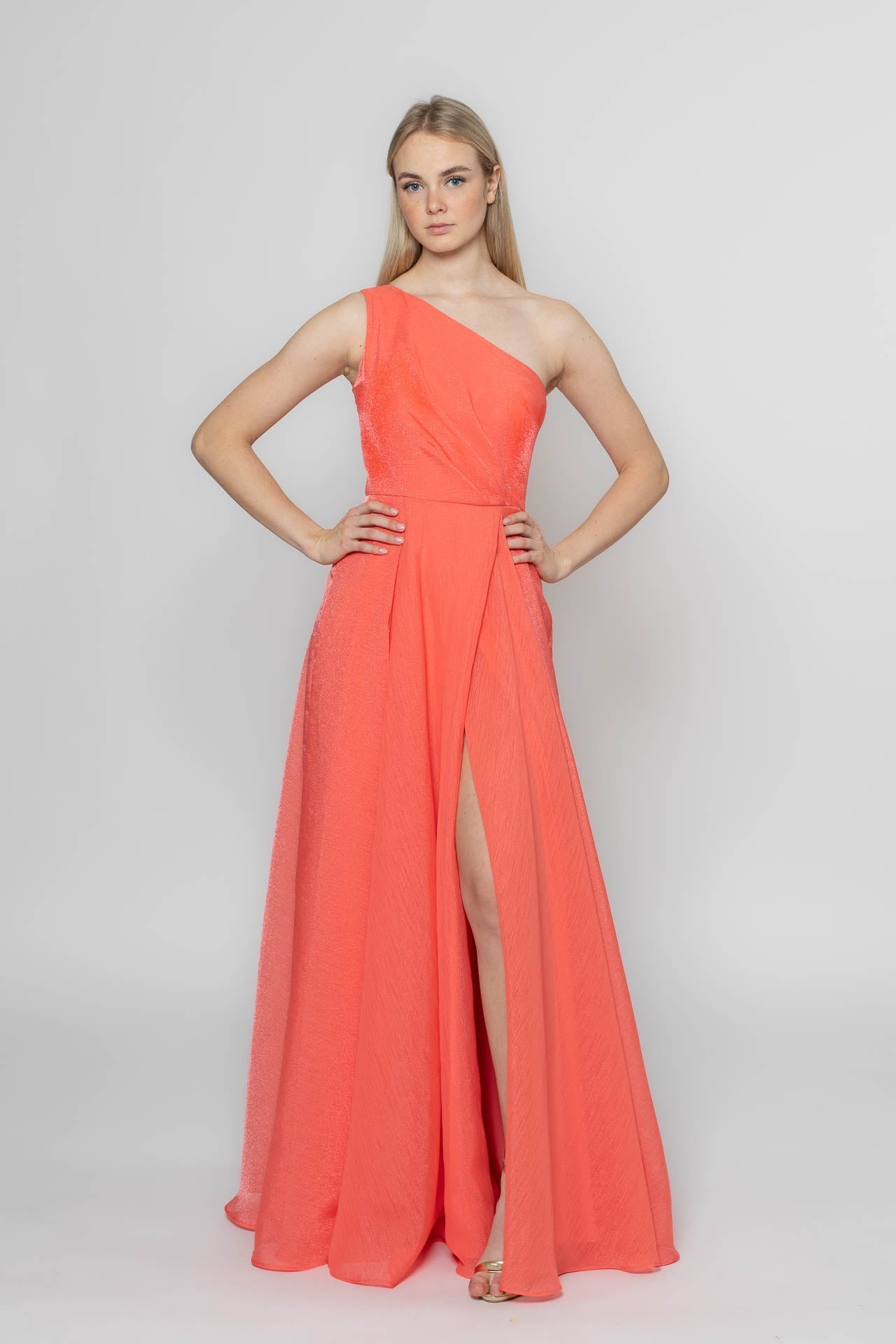 Coral Pink Asymmetrical Dress with Customizable Handmade Flower Accents Liina Stein Coral Pink Asymmetrical Dress with Customizable Handmade Flower Accents Liina Stein