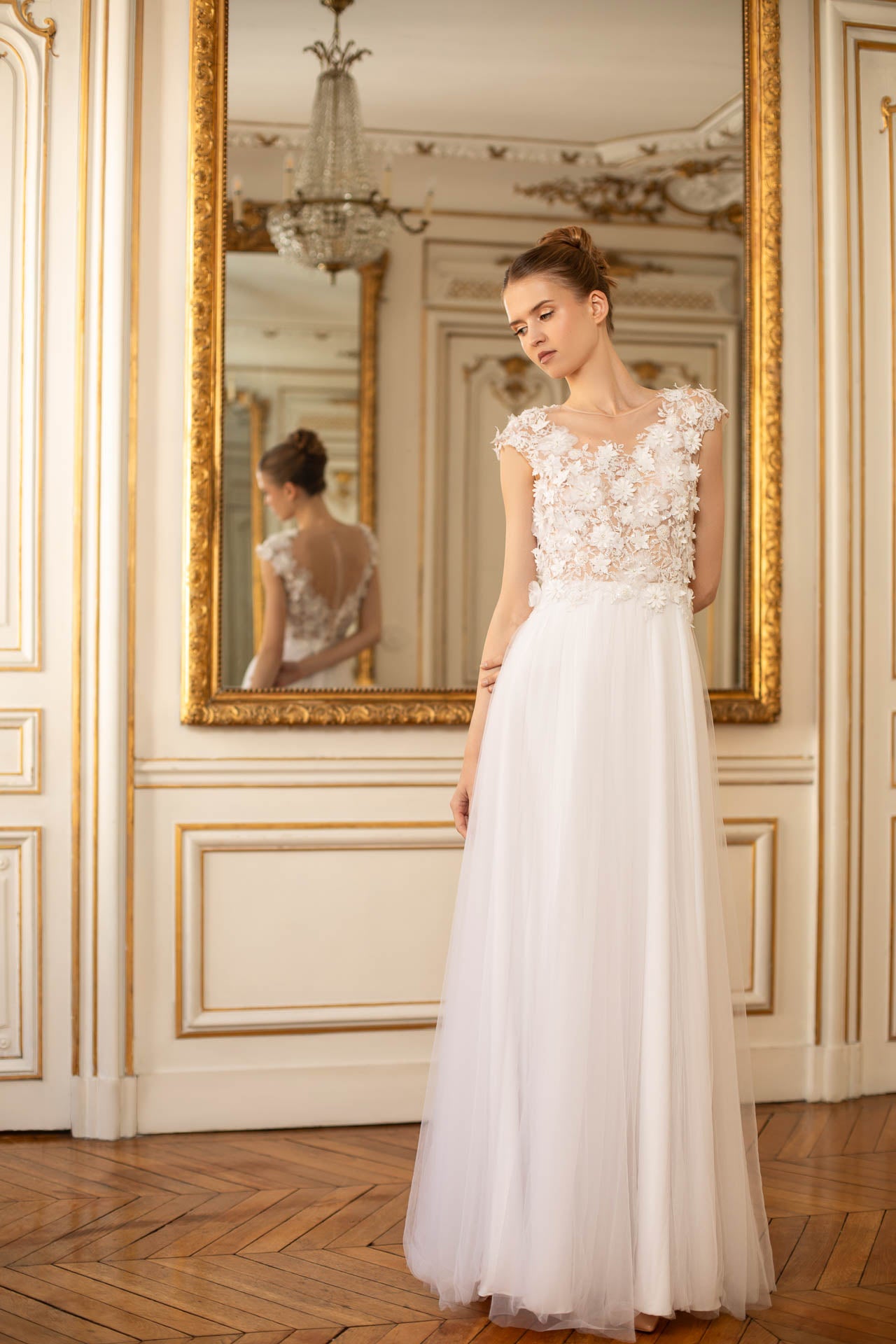 Romantic Tulle Wedding Dress with Floral and Pearl Embellishments  Liina  Stein
