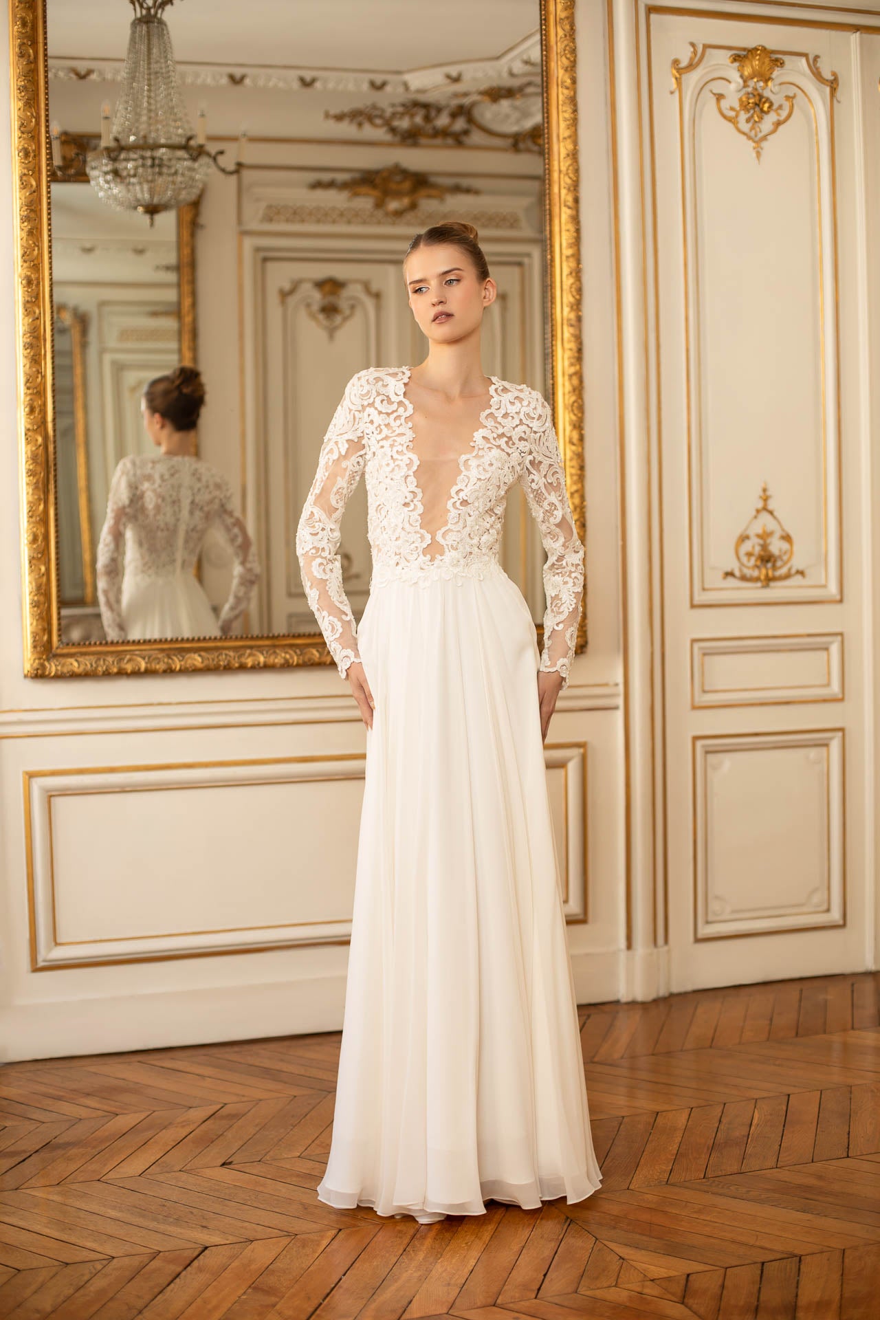 Pearl Embellished Wedding Dress With Lace Sleeves And Silk Skirt – Liina  Stein