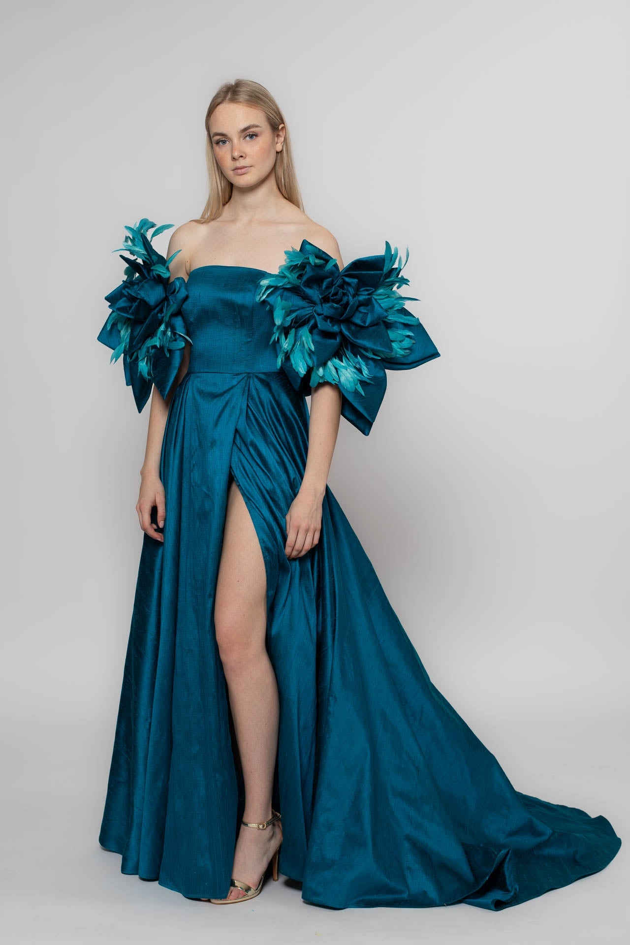 Magnificent Raw Silk Evening Dress with Detachable Floral Sleeves and Satin Lining Liina Stein Magnificent Raw Silk Evening Dress with Detachable Floral Sleeves and Satin Lining Liina Stein