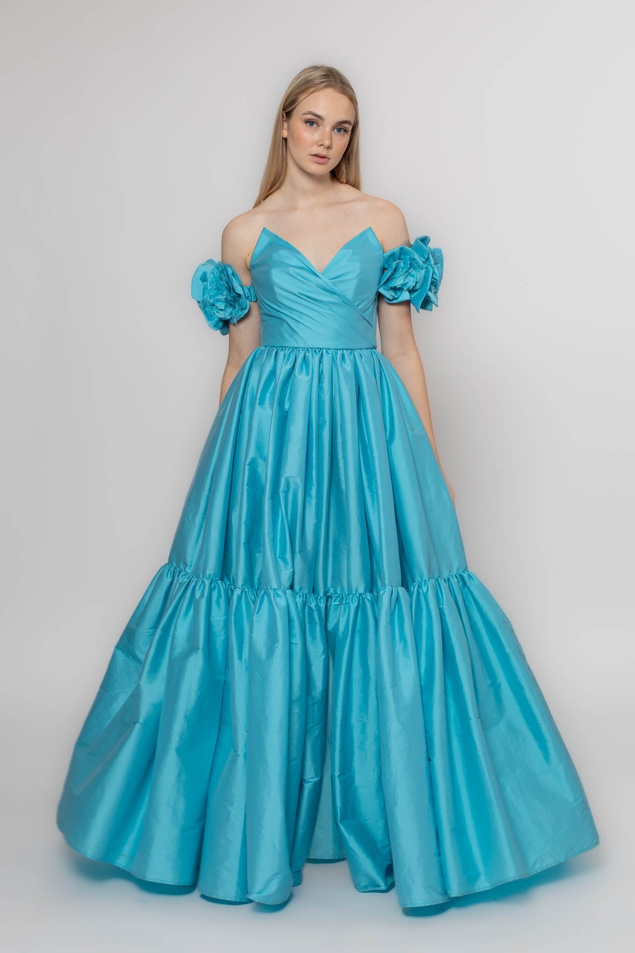 Silk Taffeta Evening Dress with Detachable Floral Sleeves and Ruffled Skirt | Versatile Styling Options Liina Stein Silk Taffeta Evening Dress with Detachable Floral Sleeves and Ruffled Skirt | Versatile Styling Options Liina Stein
