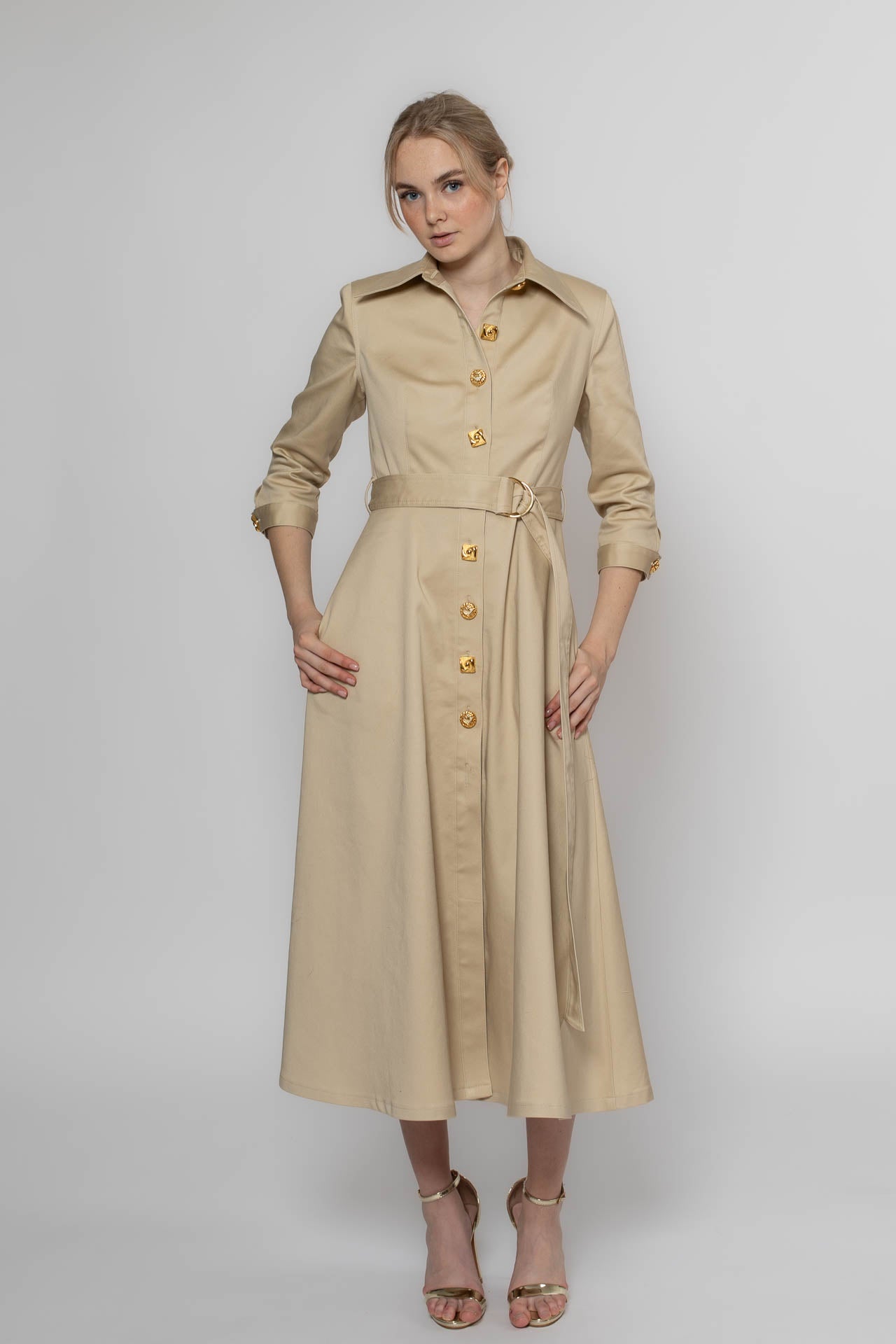 Versatile Beige Denim Dress-Coat with Golden Buttons - Ideal for Layering and Everyday Style Liina Stein Versatile Beige Denim Dress-Coat with Golden Buttons - Ideal for Layering and Everyday Style Liina Stein