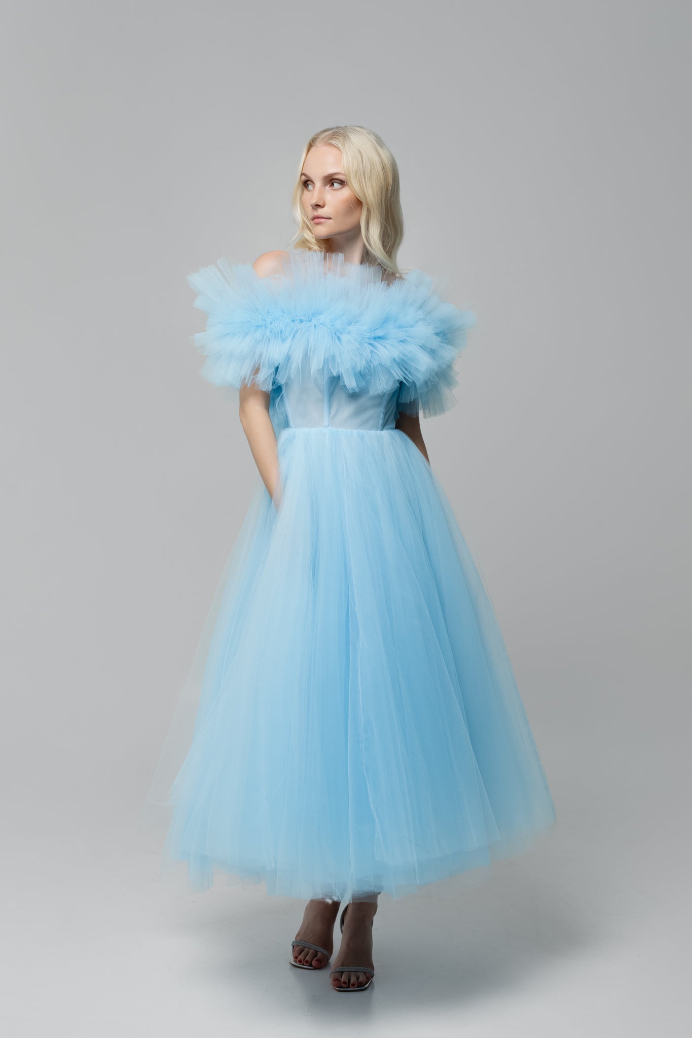 Blue Haystack Dress: Elegant Multi-Layer Tulle Midi with Versatile Fluffy Bodice - On or Off Shoulder Liina Stein Blue Haystack Dress: Elegant Multi-Layer Tulle Midi with Versatile Fluffy Bodice - On or Off Shoulder Liina Stein