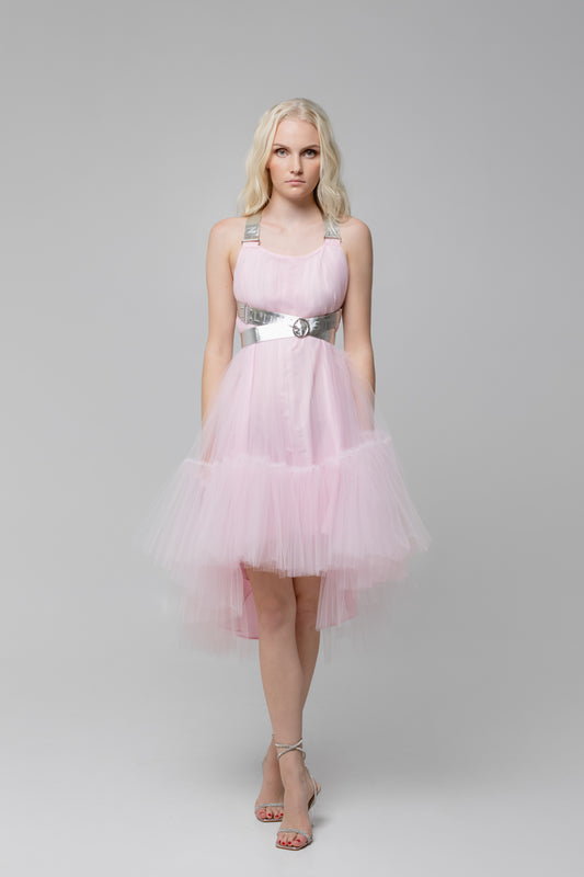 Misty Rose Leather Strap Tulle Dress