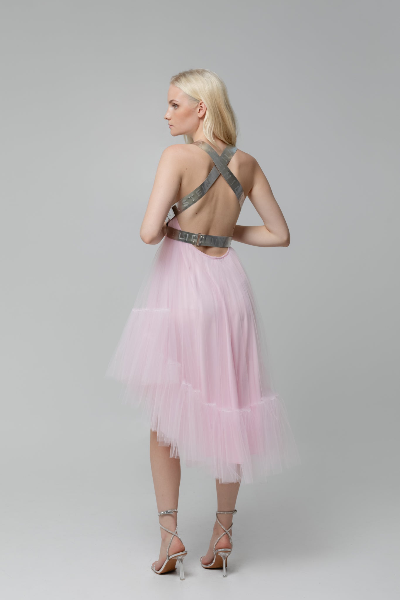 Misty Rose Leather Strap Tulle Dress