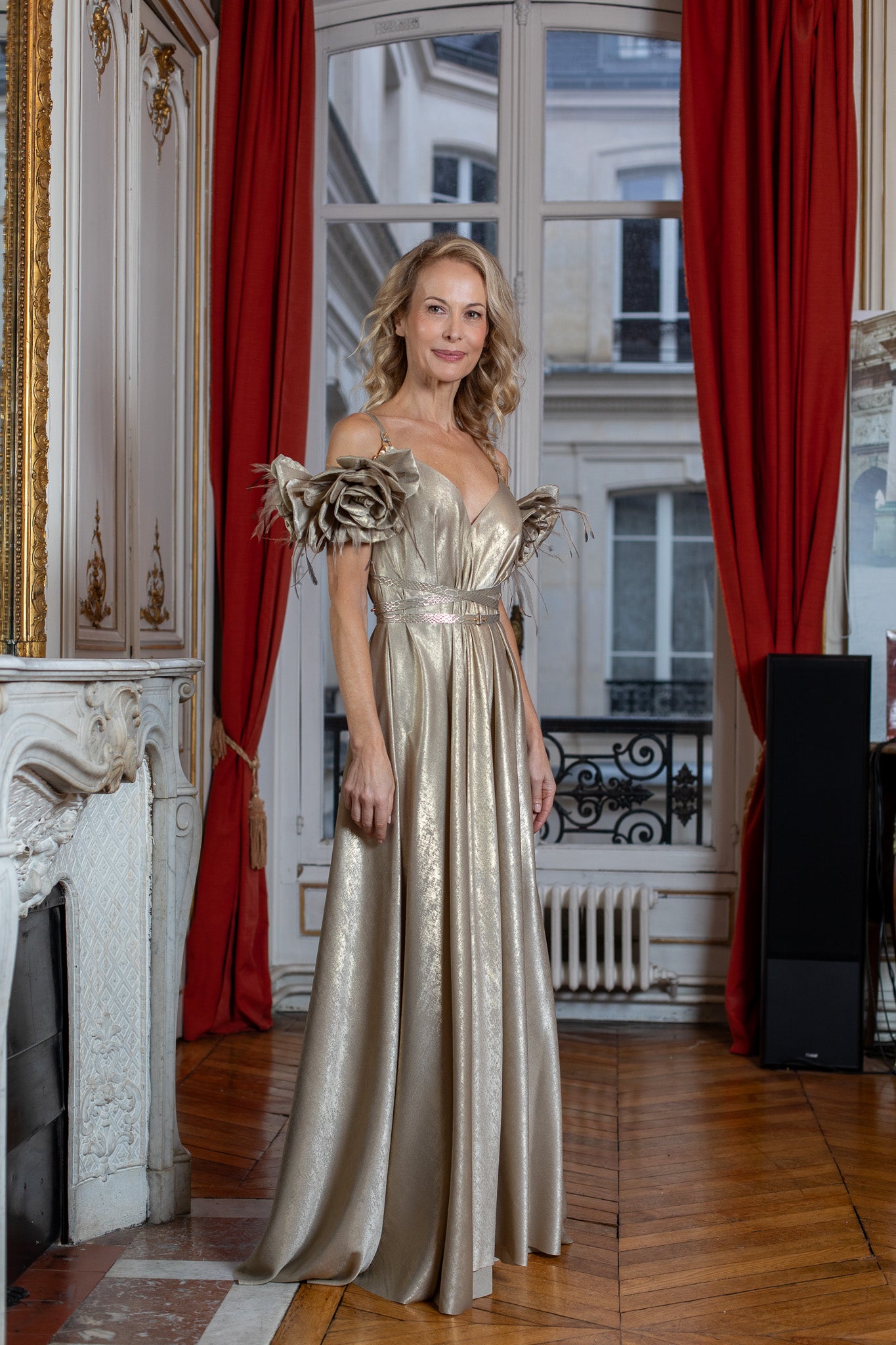 Golden Festive Sheen Long Dress with Removable Handmade Flower Appliqus and  Leather Straps  Liina Stein
