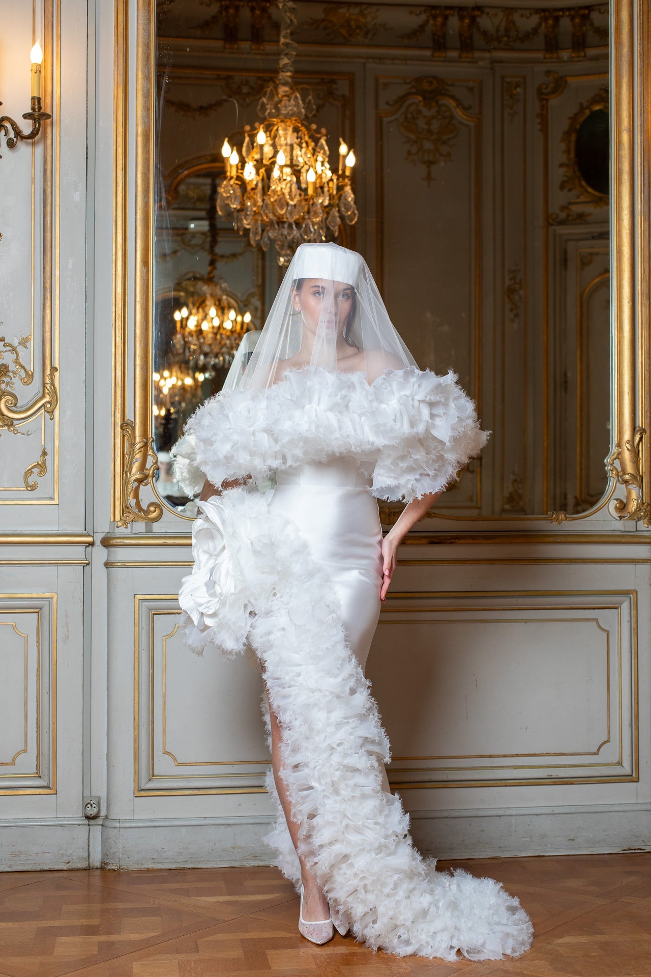 White Frilled Walking Flower Gown: Hand-Crafted Flower