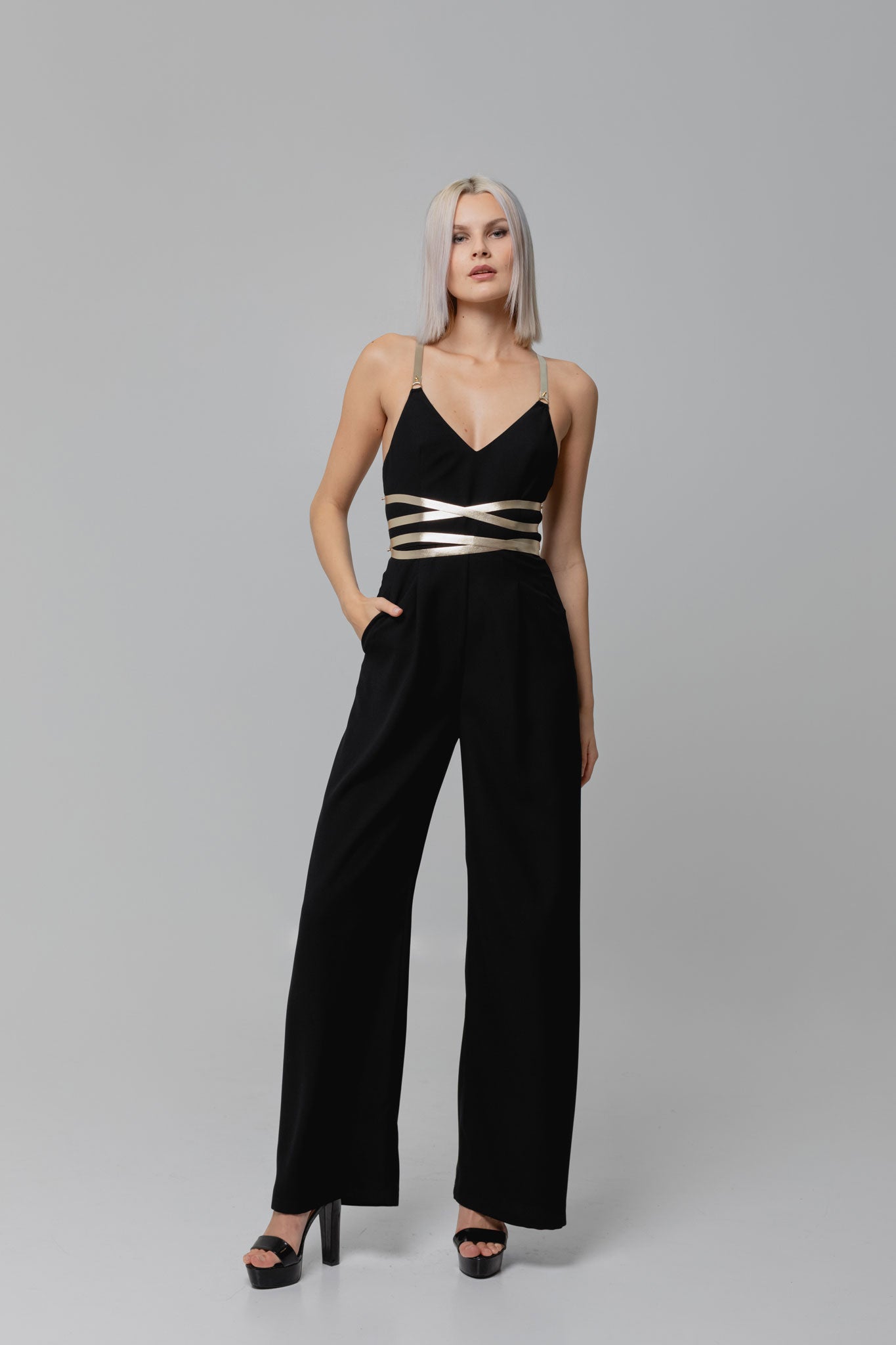 Black Crepe Jumpsuit with Golden Leather Straps The Perfect Fusion of Style Comfort Liina Stein