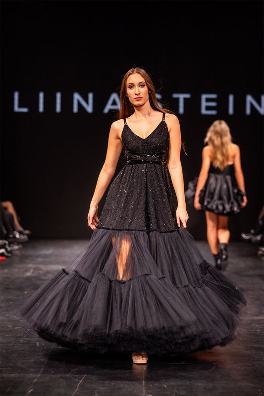 Black Leather Strap Tulle Gown