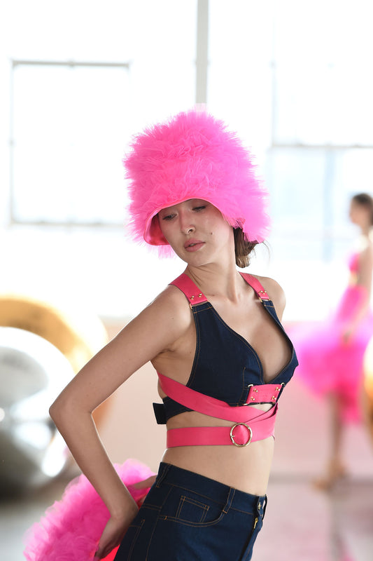 Pink Leather Strap Denim Top