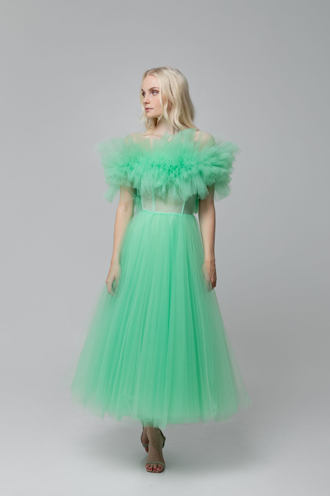 Fresh Springy Light Green Fluffy Midi Dress with Translucent Top - Perfect for Spring Occasions Liina Stein Fresh Springy Light Green Fluffy Midi Dress with Translucent Top - Perfect for Spring Occasions Liina Stein