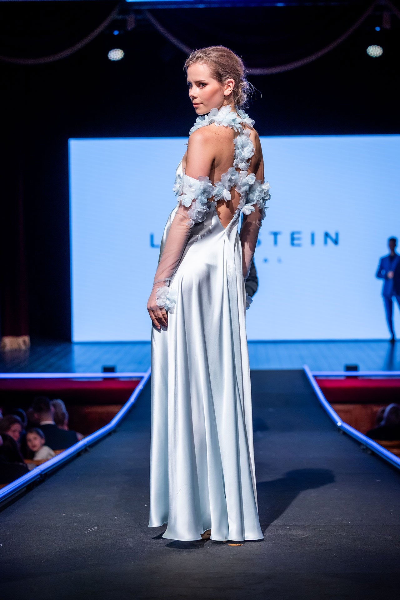 Light Blue Floral Appliqu Silk Satin Evening Dress With Leather Straps Liina Stein Light Blue Floral Appliqu Silk Satin Evening Dress With Leather Straps Liina Stein