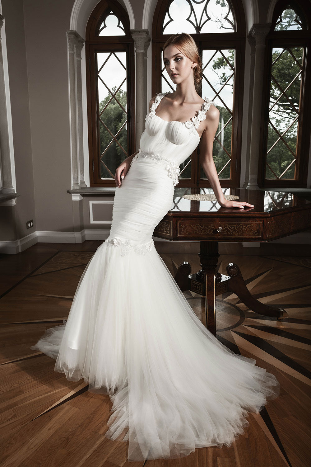 Elegant Corset Wedding Dress Elizabeth: Draped Silk Bodice with Floral & Pearl Embellishments Liina Stein Elegant Corset Wedding Dress Elizabeth: Draped Silk Bodice with Floral & Pearl Embellishments Liina Stein
