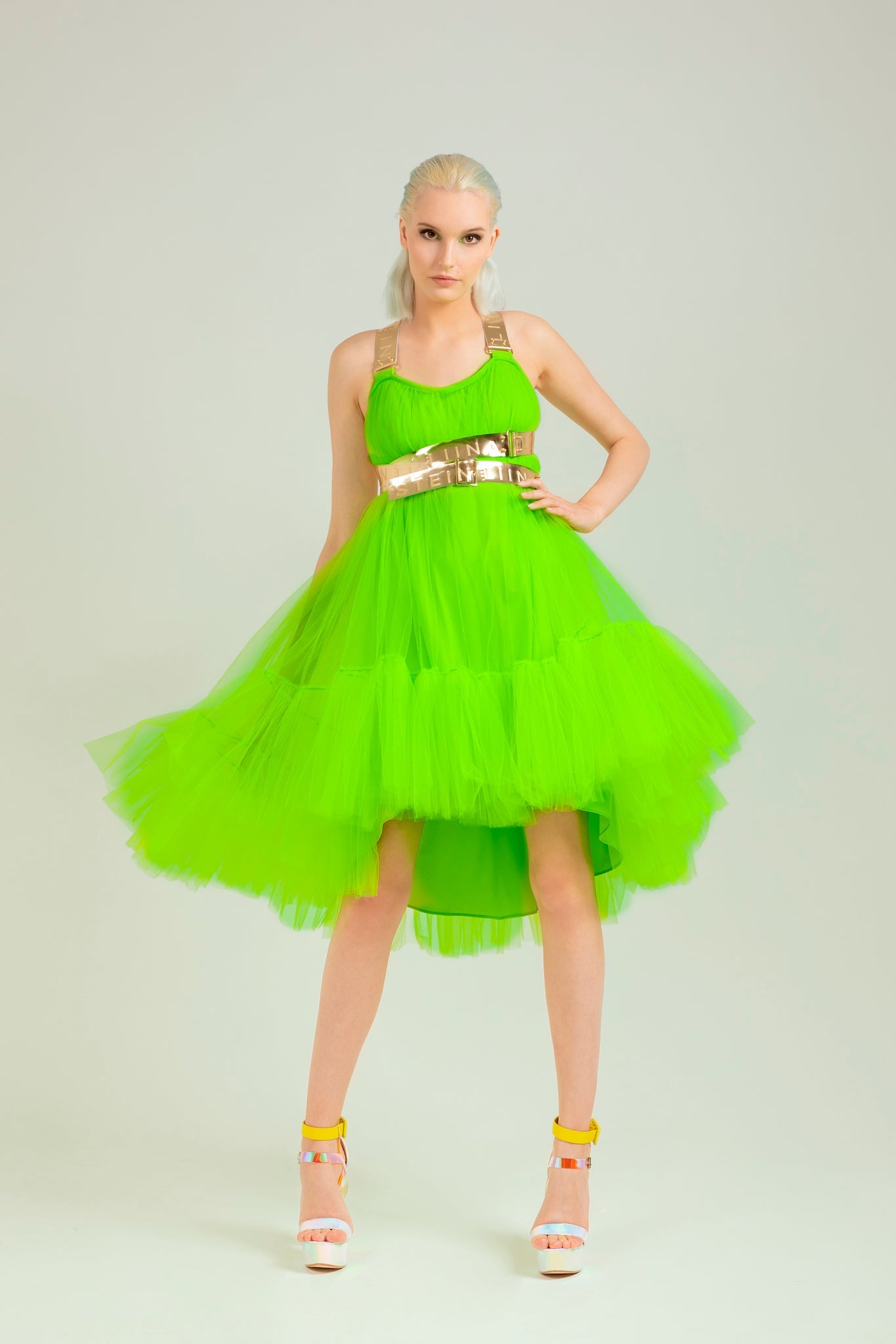 Captivating Green Fluo Tulle Dress with Frilled Skirt and Golden Leather Straps | Universal Fit Sizes 34-40 Liina Stein Captivating Green Fluo Tulle Dress with Frilled Skirt and Golden Leather Straps | Universal Fit Sizes 34-40 Liina Stein