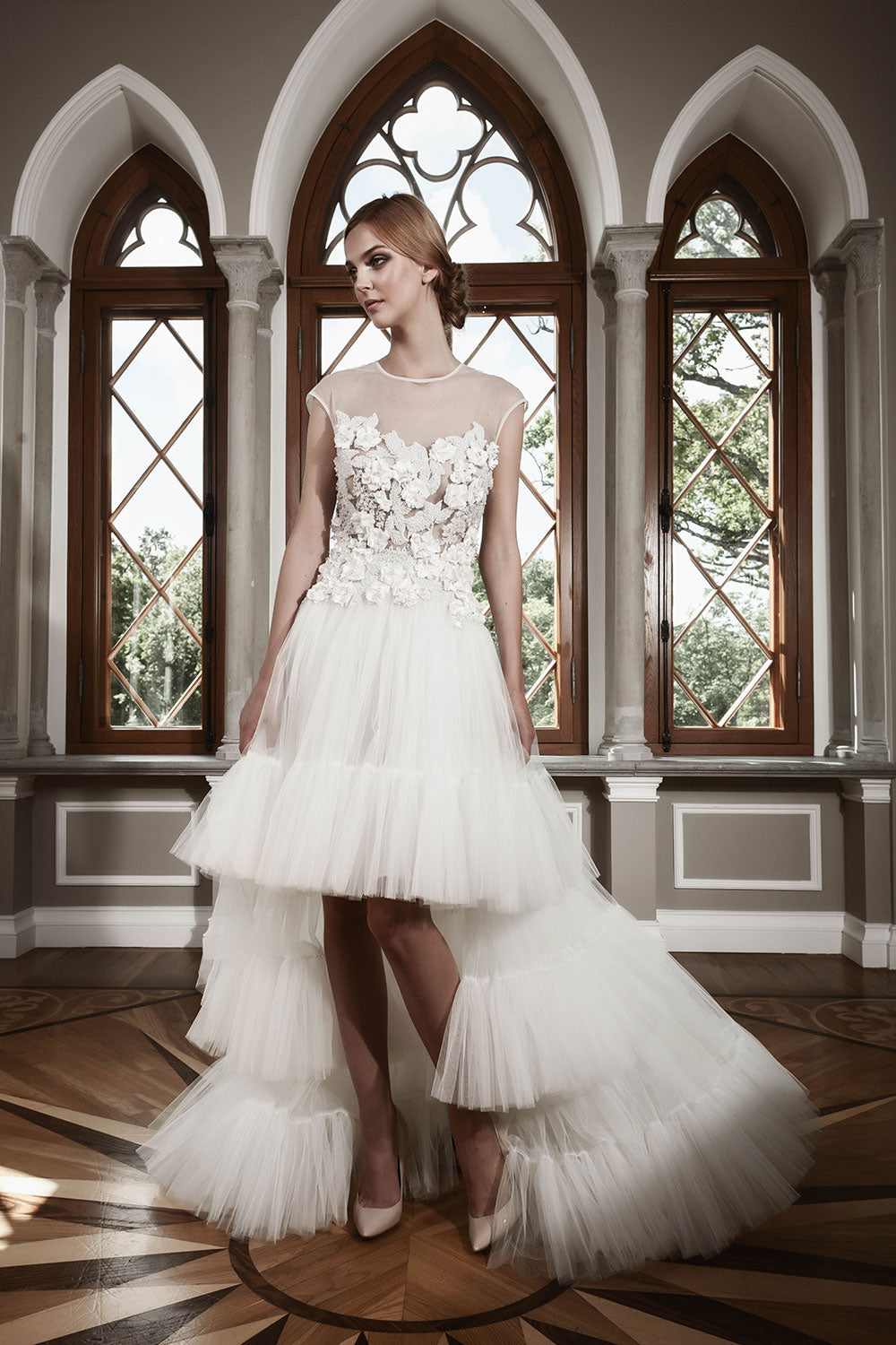 High-Low Wedding Dress With Pearl Bodice and Frilled Tulle Train
