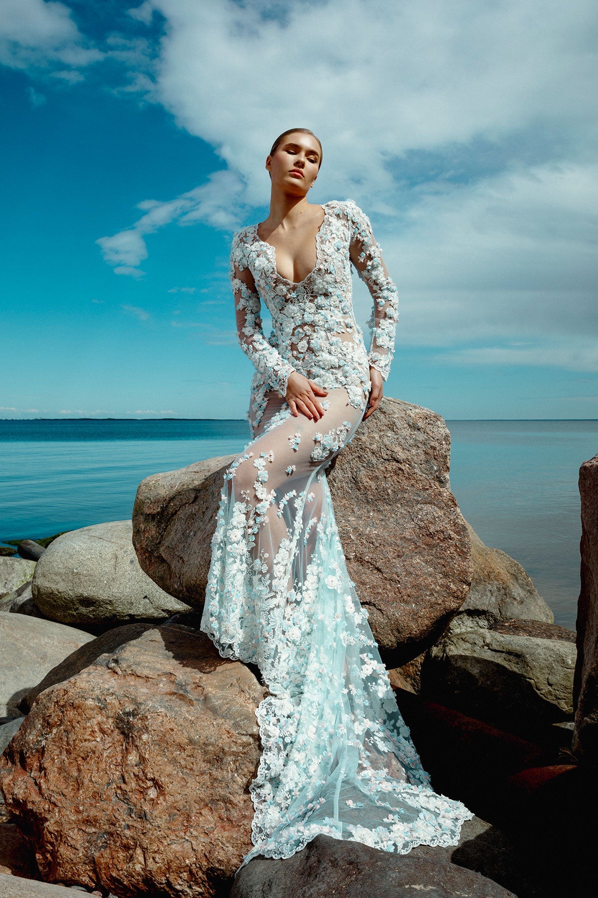 Sea Blue Wedding Dress With 3D Flowers and Pearl Lace Patricia Gown for Romantic Brides Liina Stein Sea Blue Wedding Dress With 3D Flowers and Pearl Lace Patricia Gown for Romantic Brides Liina Stein