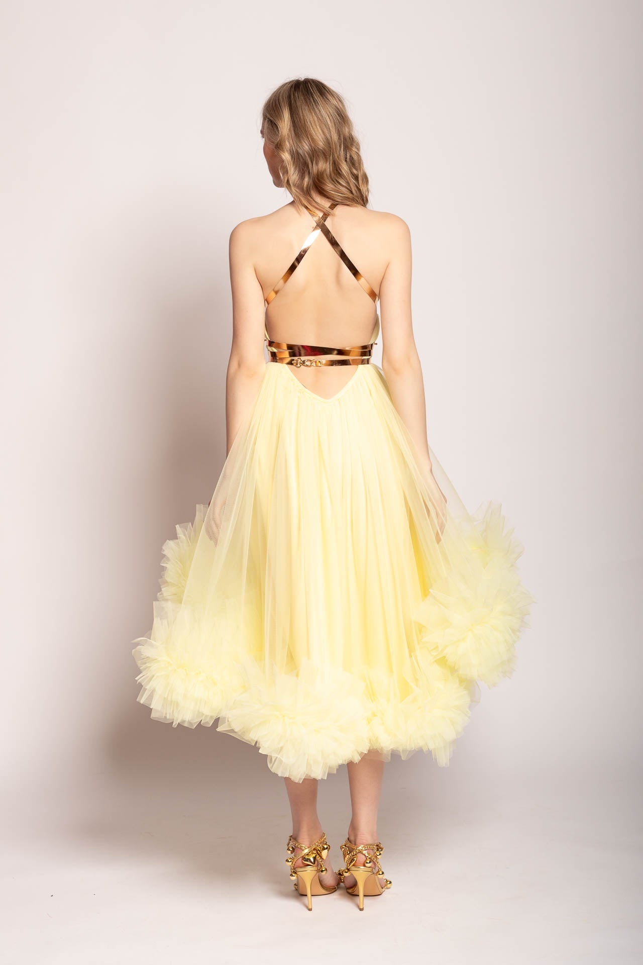 Yellow Leather Strap Tulle Dress