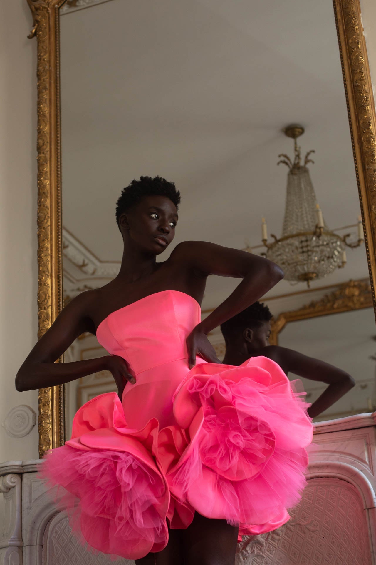 Bright Pink Corset Dress with Floral Adorned Fluffy Skirt and Concealed Zipper – Liina Stein Bright Pink Corset Dress with Floral Adorned Fluffy Skirt and Concealed Zipper – Liina Stein