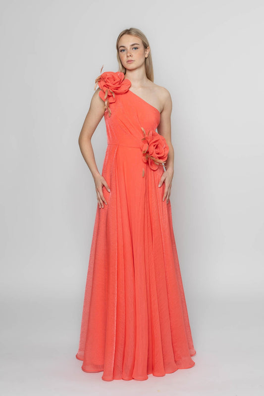 Asymmetrical Walking Coral Flower Gown