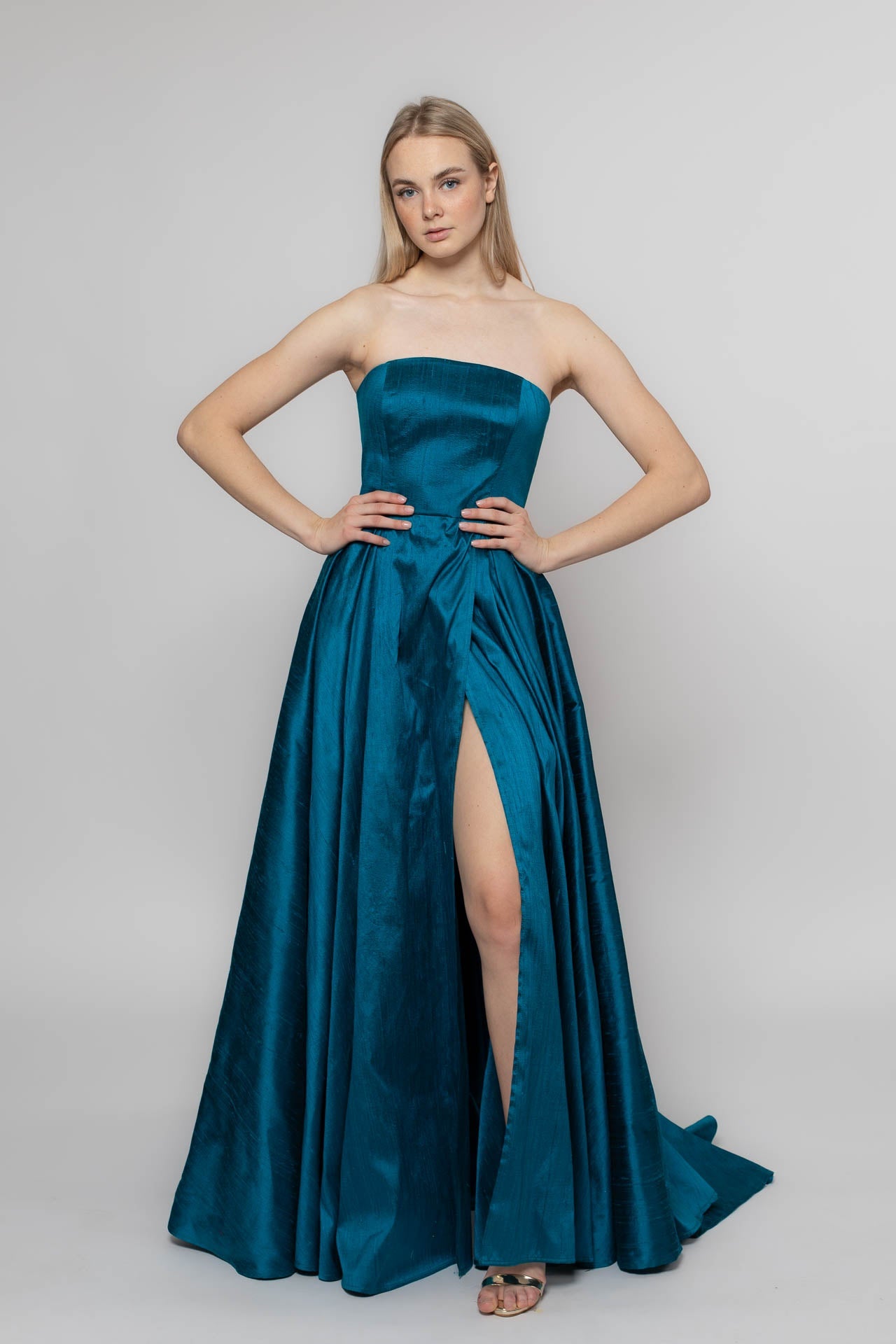 cerulean silk dress Cowl Neck Swing Dress