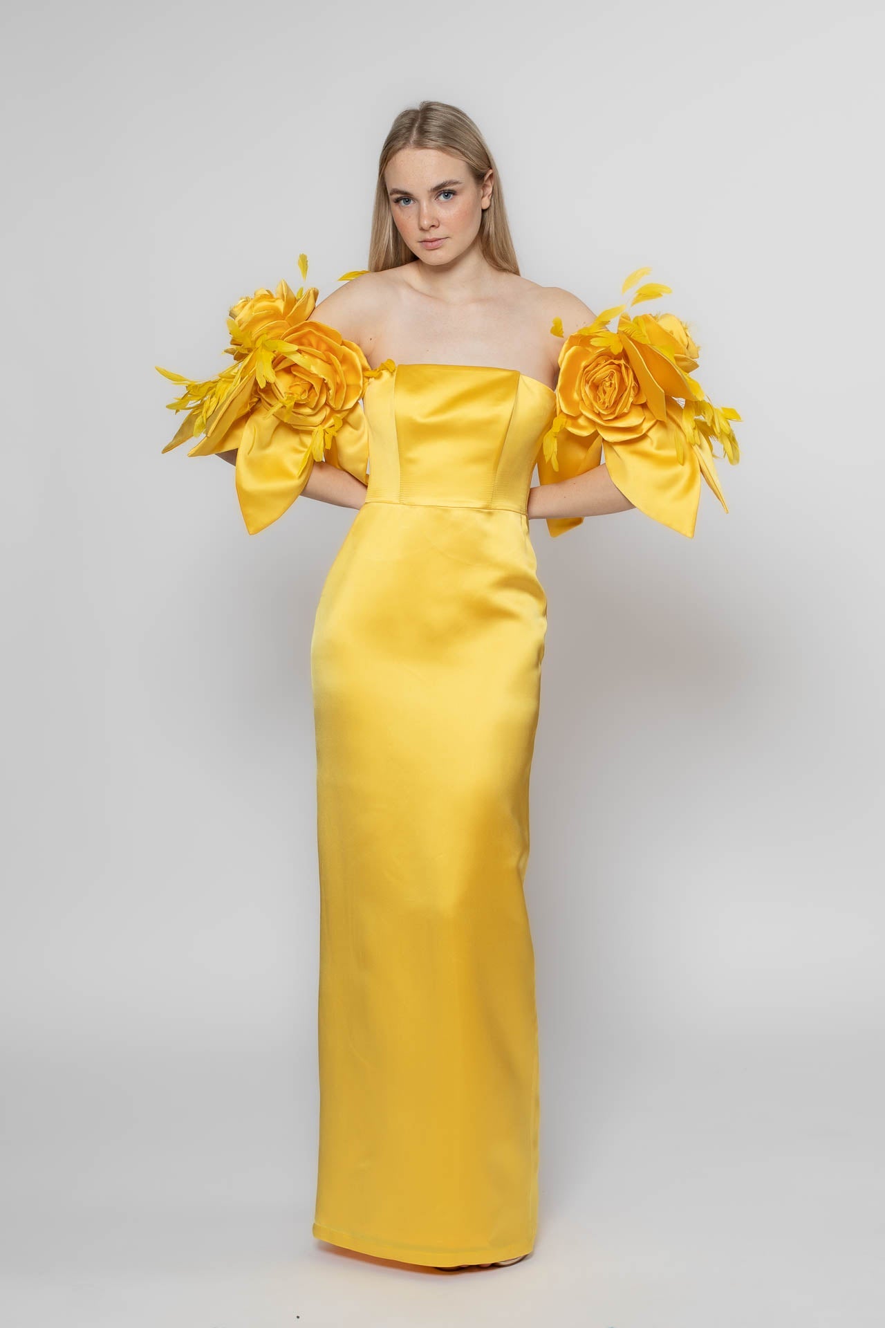 Yellow Silk Satin Corset Dress with Detachable Artistic Floral Sleeves | Includes Transport Bag for Sleeves Liina Stein Yellow Silk Satin Corset Dress with Detachable Artistic Floral Sleeves | Includes Transport Bag for Sleeves Liina Stein