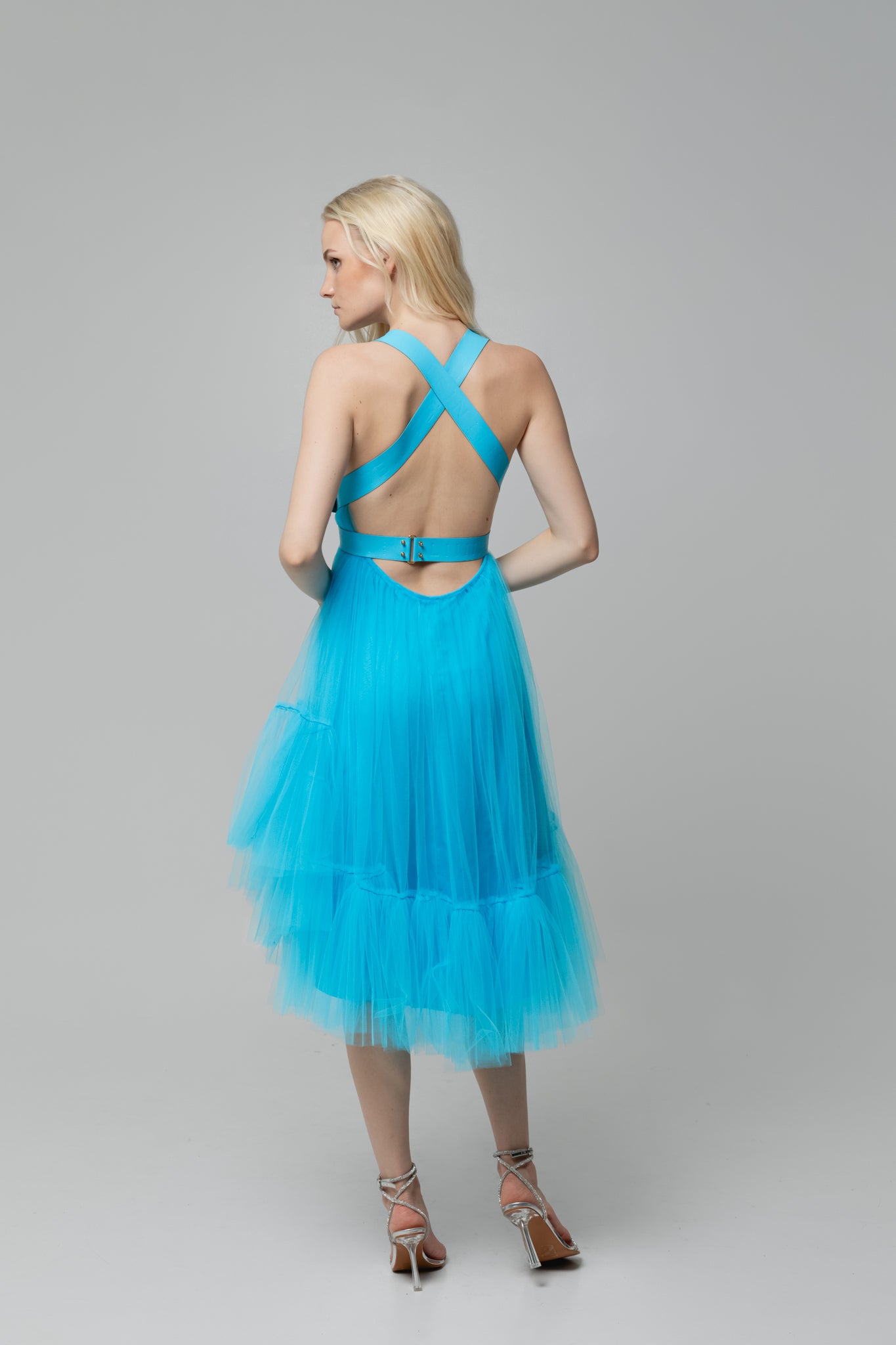 Blue Leather Strap Tulle Dress