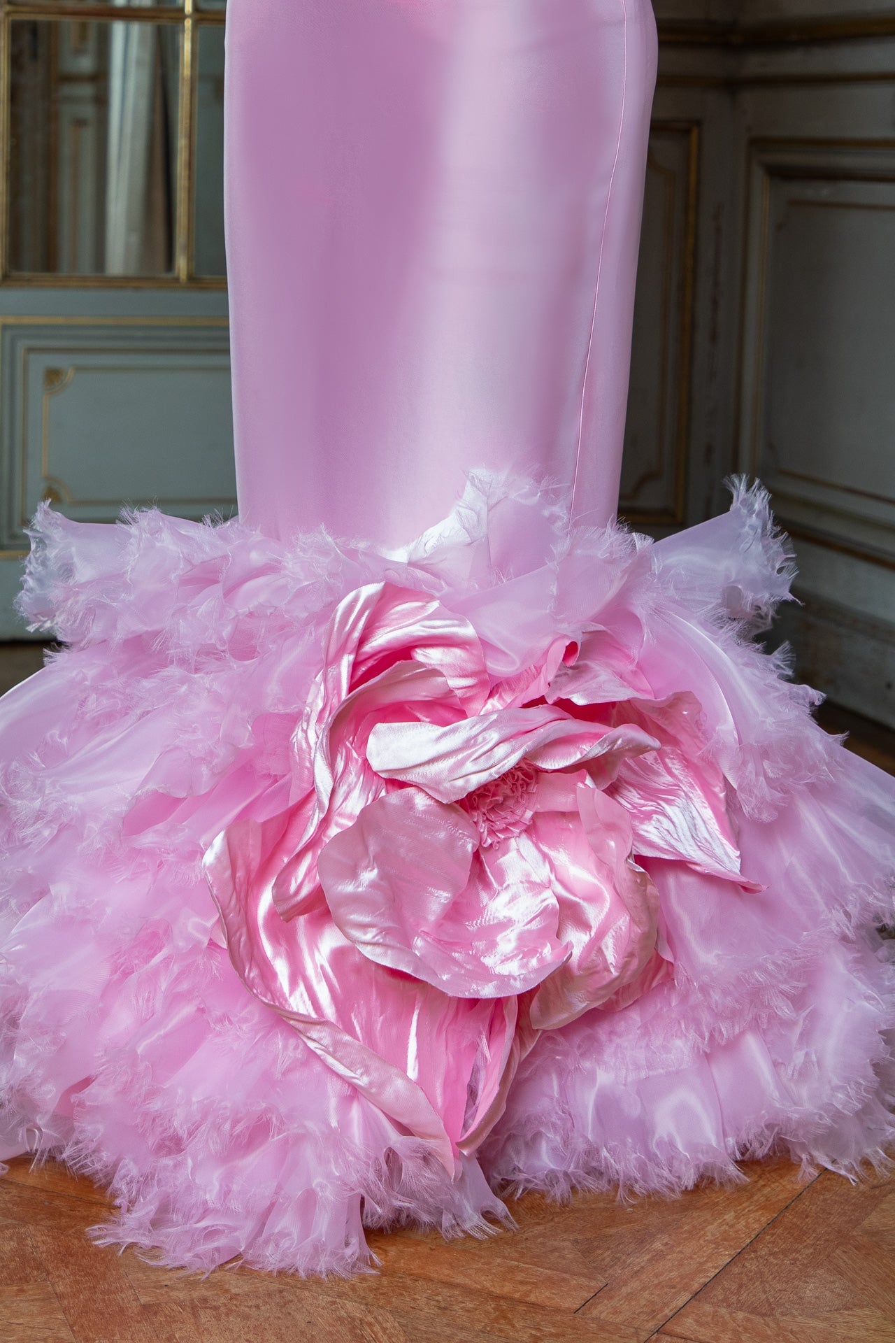Pink Frilled Walking Flower Gown: Organza Skirt with Flower Bloom