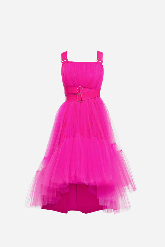 Pink Fluo Leather Strap Tulle Dress
