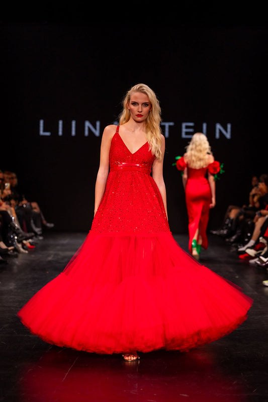 Red Leather Strap Tulle Gown