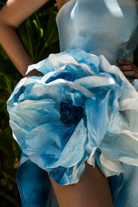 Blue Tropical Flower Dress: Hand-painted Flower