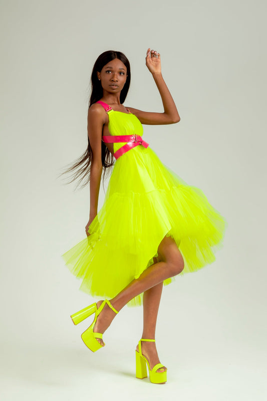 Yellow Fluo Leather Strap Tulle Dress
